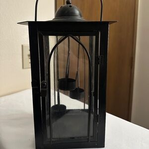 Partylite 3 Tea Light Holder Lantern in Black Metal Glass Sides